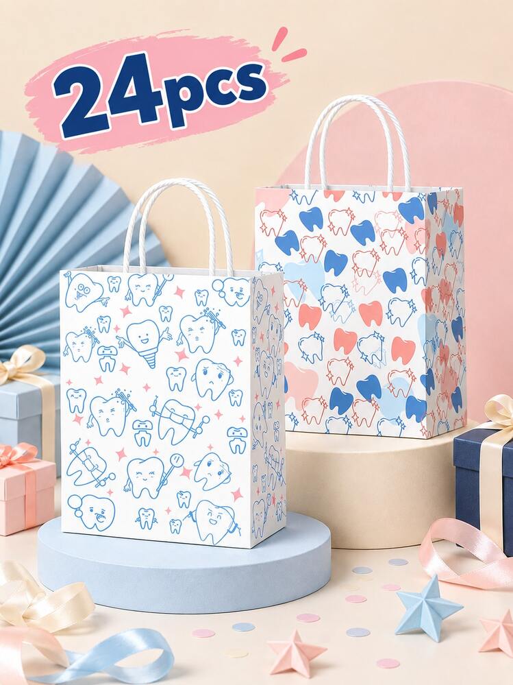 12pcs/24pcs Cute Tooth Print Gift Bags With Handles, Colorful Dental Theme Candy And Party Favor Bags, Suitable For Dentist Clinic Events, Celebrations And Gifts - Multicolor - View 8