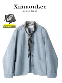 Korean Style Wool Short Jacket Winter New Casual Elegant Loose Double-Sided Wool Coat For Travel And Vacation - Blue - View 1