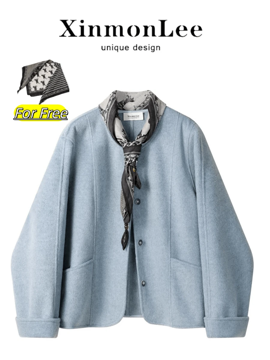 Korean Style Wool Short Jacket Winter New Casual Elegant Loose Double-Sided Wool Coat For Travel And Vacation - Blue - View 1