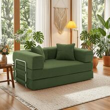 2-Seater Foldable Sofa Bed, 62'' Convertible Sleeper Sofa, Spring Folding Floor Couch With With Pillow Back Support Armrest, 4-In-1 Futon Sofa Bed For Living Room - Green - View 3