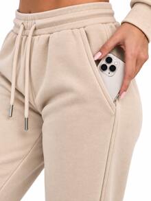 Pantalones deportivos pans pants dama mujer casuales casual pantalón wide leg pierna ancha estilo deportivo bolsas bolsillos funcionales tela cómoda suave cintura elástica ajuste holgado tir - Beis - Ver 2