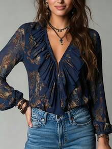 Vintage French Vacation Style Elegant Chiffon Allover Print Deep V-Neck Zipper Ruffle Hem Design Lantern Sleeve Women Blouse Summer, French Girl Style - Navy Blue - View 2