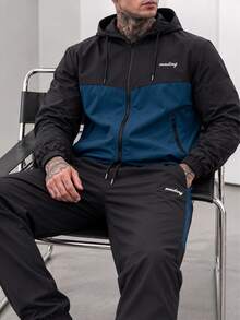 1 Set Men's Autumn Embroidered Colorblock Sportswear, Hooded Zip-Up Jacket And Joggers, Casual Street Style Outfit, Boyfriend Gift - Royal Blue - View 3