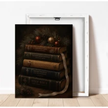 1pc Framed Canvas Wall Art Decor, Vintage Stacked Christmas Books And Pine Branch Ornament Print, Dark Academia Rustic Holiday Wall Hanging, Aesthetic Atmosphere Home Decor, Modern Home Decoration, Room Decor, Dorm Decor, Bedroom Decor, Bathroom Decor, Kitchen Decor, Dining Room Decor, Living Room Decor, Office Decor - Books - View 4