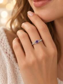 1pc Silver Amethyst & Cubic Zirconia Ring For Women, Fashionable and Versatile Accessory - Silver - View 5