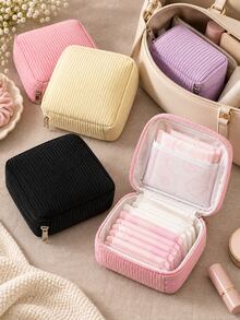 1pc Corduroy Sanitary Napkin Storage Bag, Multi-Functional Portable Storage Pouch, Makeup Bag & Lip Balm Organizer, Large Capacity For Sanitary Pads, Cash And Cosmetics, Women's Essential, Travel Convenient - Multicolor - View 1