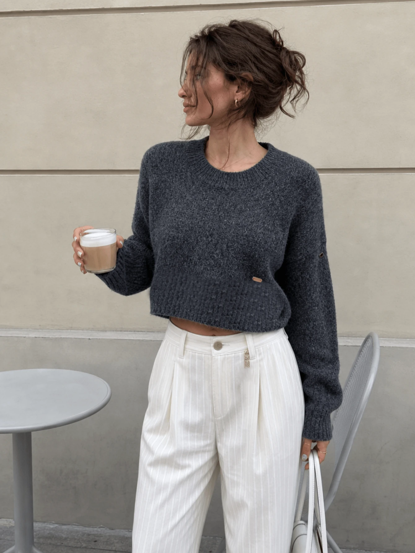 Alicedudu Sweater Pullover Leher Bulat Minimalis untuk Wanita Musim Gugur/Dingin - Dark Grey - View 1