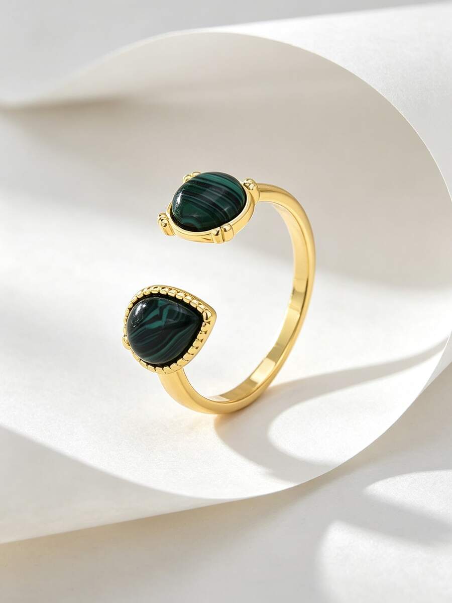 Charm-In Gold-Plated Open Ring, Inlaid With Round And Teardrop-Shaped Malachite, Vintage Bohemian Style Stackable Ring, Suitable For Daily Wear And Evening Party Jewelry, Unique Gift For Women's Birthday And Holiday - Yellow Gold - View 1