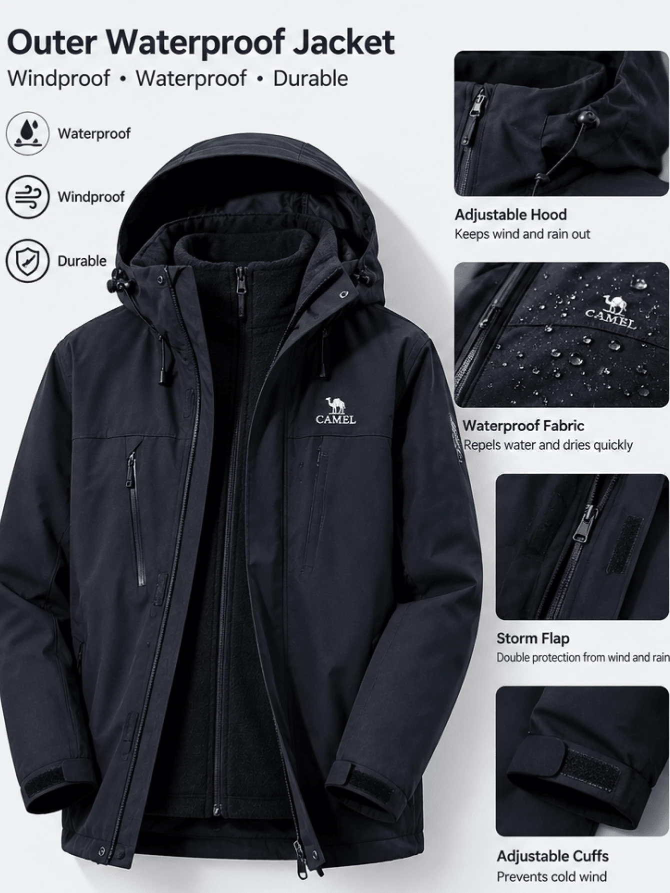 CAMEL CROWN Women's 3-In-1 Waterproof Jacket – Hooded Windproof Outdoor Coat With Detachable Fleece Inner Jacket For Hiking, Camping, Travel And Winter - Phantom Black - View 1