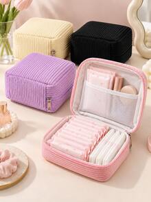 1pc Corduroy Sanitary Napkin Storage Bag, Multi-Functional Portable Storage Pouch, Makeup Bag & Lip Balm Organizer, Large Capacity For Sanitary Pads, Cash And Cosmetics, Women's Essential, Travel Convenient - Multicolor - View 2