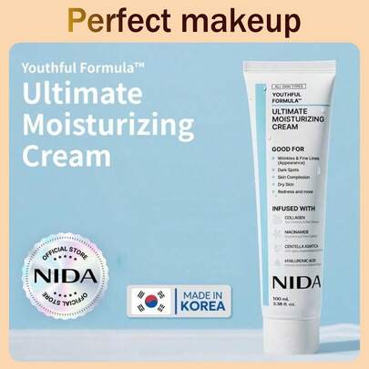 NIDA Youthful Formula™ Crema Hidratante Definitiva | Centella Asiática, Niacinamida, Ácido Hialurónico, Colágeno | Arrugas, Líneas Finas, Manchas Oscuras, Piel Seca, Enrojecimiento | 3.3 Fl Oz, 100 Ml Hidratante Facial Coreano de Ácido Hialurónico Puro con Ceramida, Pantenol, Escualano, Vitamina B5