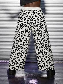 Men's Plus Size Leopard Print Wide Leg Pants, Drawstring Design, Comfortable And Versatile, Suitable For Tall Men With Large Body Types, Black And White Leopard Print Draped Casual Long Pants - Black and White - View 1