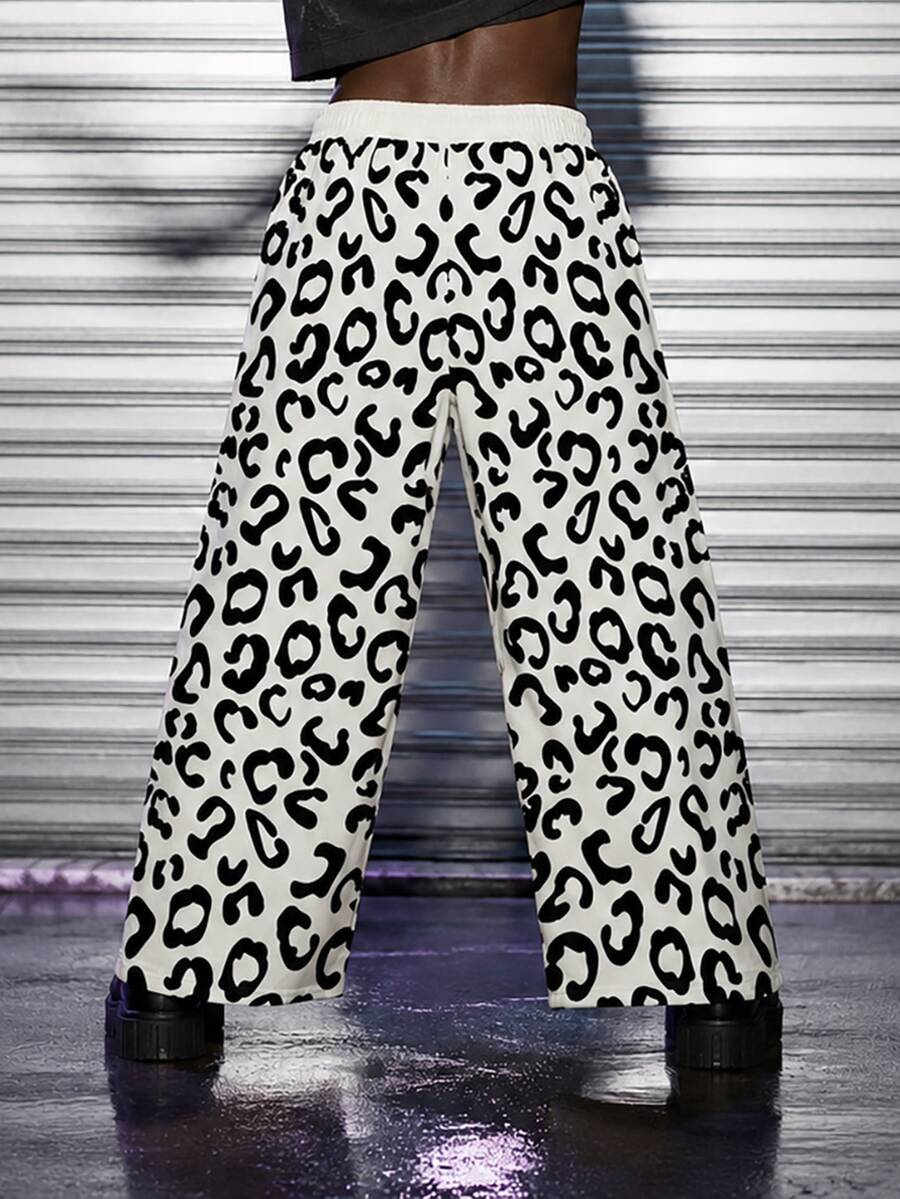 Men's Plus Size Leopard Print Wide Leg Pants, Drawstring Design, Comfortable And Versatile, Suitable For Tall Men With Large Body Types, Black And White Leopard Print Draped Casual Long Pants - Black and White - View 1