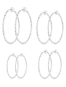 4 Pairs Clip On Hoop Earrings For Women, Non-Pierced Spring Fake Hoops, Faux Nose Lip Septum Cartilage Lobes Rings, 13mm-20mm Multi Sizes, Silver - Style B - View 3