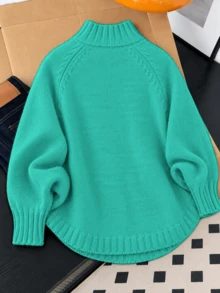 Plus Size High Neck Cable Knit Sweater, Raglan Long Sleeve Loose Solid Pullover - Lake Blue - View 2
