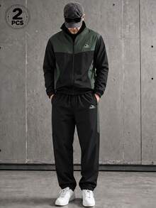 1 Set Men's Autumn Colorblock Woven 2 Pieces Set, Logo Patchwork Zipper Jacket And Joggers, Casual Sports Streetwear Style, Boyfriend Gift - Dark Green - View 2