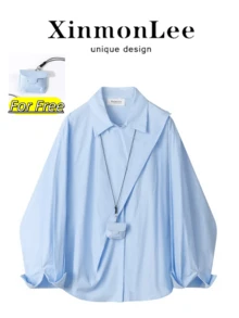European Style Asymmetric Overlap Shirt, Light Blue Silhouette Lapel Collar With Small Pendant, Elegant Casual Vacation Long Sleeve Blouse, Spring/Autumn - Baby Blue - View 2