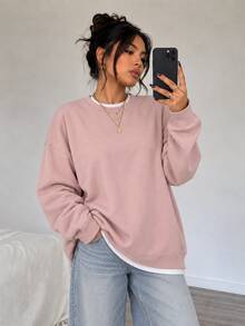 女款秋冬新款寬鬆極簡純色休閒時尚百搭保暖內裡圓領運動衫 - 粉色 - 查看 3