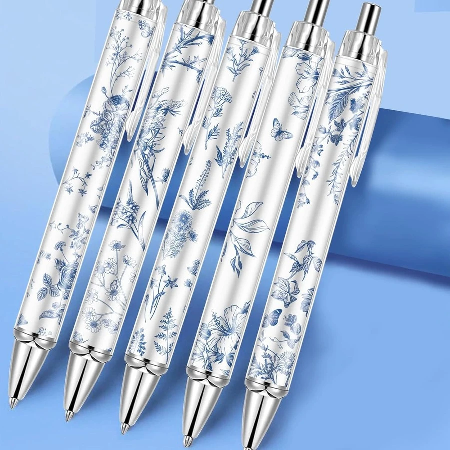 5/10pcs Blue & White Porcelain Pen Set, Black Ink, Smooth Writing, Retractable Ballpoint Pen, Suitable For Journaling, Aesthetic Office Supplies (Blue & White Porcelain Pen) - Multicolor - View 1
