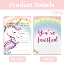 12Pcs Rainbow Unicorn Birthday Party Invitations, Perfect For Birthday Parties, Cute Unicorn Invitations, Rainbow Unicorn Invitations - Multicolor - View 6