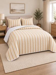 3pcs Quilted Bedspread Set With Milk Apricot Fine Stripe Pattern (1 Bedspread, 2 Pillowcases, Pillow Inserts Not Included), Breathable And Comfortable, Suitable For All Seasons, Holiday Gift, Ideal For Hotels, Inns, Bedrooms, Ultra-Soft Breathable And Moisture-Wicking Bedding - Multicolor - View 7