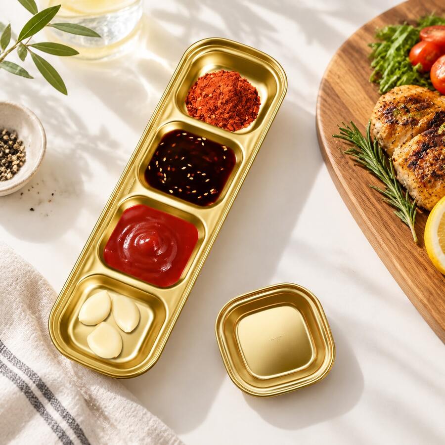 1pc Golden Multi-Grid Staiess Steel Sauce Dish, Srving Plate, Slt Vinegar Sugr Condiment Dipping Bowl - Gold - View 1