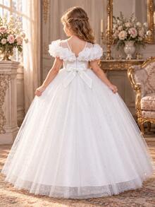 Girls' 3D Floral Off-Shoulder Embroidered Tulle Party Dress, Princess Gown For Birthday, Performance, Flower Girl - White - View 5