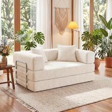 2-Seater Foldable Sofa Bed, 62'' Convertible Sleeper Sofa, Spring Folding Floor Couch With With Pillow Back Support Armrest, 4-In-1 Futon Sofa Bed For Living Room - White - View 3