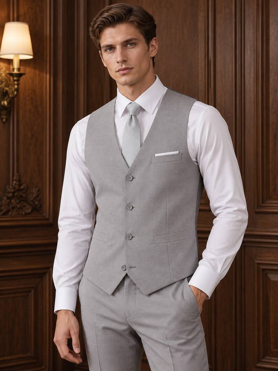 Men's Formal Suit Vest, Large Pockets, Solid Color, Suitable For Business, Party, Wedding, Light Gray, XS-XXXL - Light Grey - View 1