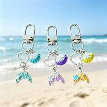 1pc Cute Mermaid Tail Keychain, Pastel Shell Heart Bag Charm, Ocean Style Handbag Pendant, Suitable For Women's Backpack Decoration Accessory - Quantity - View 5