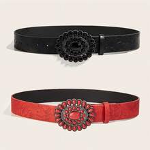 2pcs Women's Vintage Turquoise Print Leather Belts Suitable For Daily Use - Multicolor - View 11