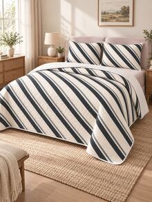 Set Sprei Quilted Motif Diagonal Tinta Arang 3pcs (1 Sprei, 2 Sarung Bantal, Isian Bantal Tidak Termasuk) Bernapas, Nyaman, Cocok untuk Semua Musim, Hadiah Liburan, Cocok untuk Hotel, Rumah Tamu, Kamar Tidur, Sprei Ultra Lembut, Bernapas, dan Menyerap Kelembapan - MultiWarna - View 6