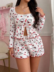 Noctvar OBM Sleepwear X Hello Kitty طقم بيجامة نسائي من قطعتين بأكمام طويلة وشورت، مزين بطبعة "هيلو كيتي" بالكامل؛ يتميز بتفاصيل مكشكشة مع حواف من الدانتيل؛ ناعم ومريح. - أبيض - مشاهدة 4