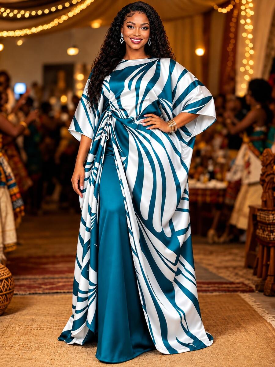 AOMEI Fashion African Style Color-Block Robe And Pants 2 Pieces Set, Casual Daily Wear, Church, Birthday Party, Autumn Outfit