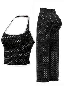 Women's Black & White Polka Dot Halter Neck Set, Contrast Trim Fitted Halter Tank Top + High Waist Flowy Wide Leg Pants 2 Pieces Set - Black and White - View 1