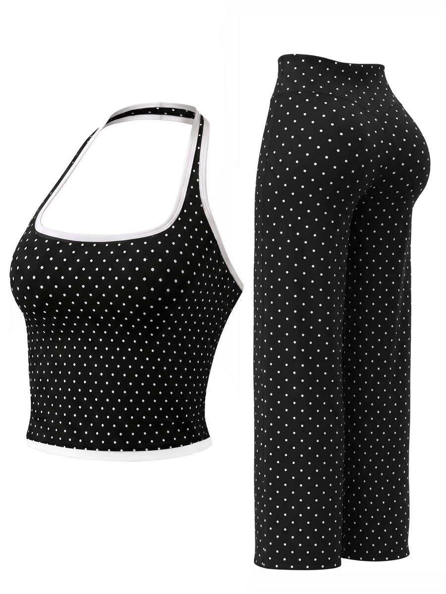 Women's Black & White Polka Dot Halter Neck Set, Contrast Trim Fitted Halter Tank Top + High Waist Flowy Wide Leg Pants 2 Pieces Set - Black and White - View 1