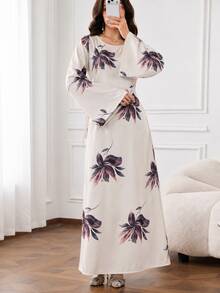 OENY | Arabic Long Dress, Elegant Style With Oversized Floral Print, Round Neck And Long Sleeve Design, Back Waist Tie - Baby Pink - View 3