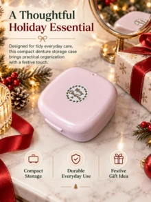 1pc Christmas Denture Care Bath Box, Christmas Gift, Denture Cleaning And Care With Hanging Mesh Container Denture Bath Box - Christmas-themed Denture Storage Box With Drain Basket - View 2