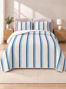Set Sprei Quilted Motif Garis Ganda Biru Tua 3pcs (1 Sprei, 2 Sarung Bantal, Isian Bantal Tidak Termasuk) Nyaman dan Bernapas, Cocok untuk Semua Musim, Hadiah Liburan, Cocok untuk Hotel, Penginapan, Kamar Tidur, Sprei Ultra Lembut, Bernapas, dan Menyerap Kelembapan - MultiWarna - View 2