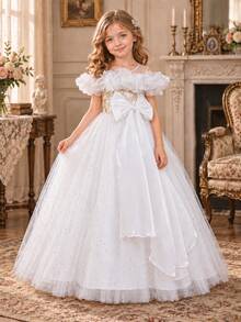 Girls' 3D Floral Off-Shoulder Embroidered Tulle Party Dress, Princess Gown For Birthday, Performance, Flower Girl - White - View 3