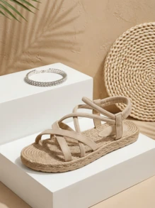 CAJUNI Women Summer Simple Versatile Sweet White Fashion Outdoor Vacation Flat Roman Sandals - Beige - View 4