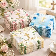 20/40/100 PCS God Bless Cross-Design Printed Disposable Napkins, For Religious Baptism, First Communion, Birthday Party, And Baptism Ceremony Tablecloth Decoration. - View 3