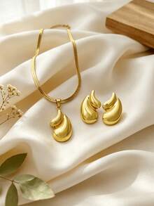 Minimalist Stainless Steel Jewelry Set, Irregular Geometric Pendant Necklace & Earrings, Hypoallergenic & Non Tarnish, Daily Wear Accessories - Gold - View 9