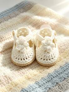 1 Pair Crochet Infant Booties, Beige With Floral Design, Handmade Espadrille Style - White - View 3