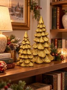 1PC Gold Resin Christmas Tree Tabletop Decor, Textured Holiday Ornament For Mantel, Shelf, Entryway And Living Room, Christmas Gift - Multicolor - View 2