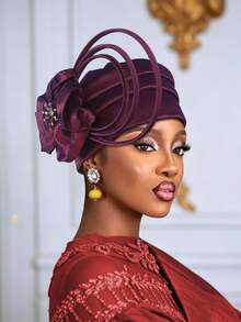 1pc Women Elegant African Gele Turban Hat, Rhinestone Large Flower & Curly Loop Decor Pre-Tied Headwrap, Solid Color Church Party Wedding Statement - A - View 12