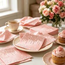 20pcs/40pcs/60pcs/100pcs Rose Gold Sequin Drip Diamond Disposable Paper Napkins, Pink Shiny Double Layer Table Napkins, Suitable For Bridal Shower, Girls Birthday, Wedding, Bachelorette Party And Other Table Decor - Diamond Napkins - View 3