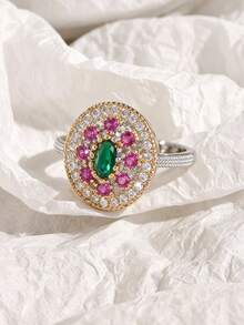 1PC Retro Boho Red Cubic Zirconia Two Tone Golden Ring For Women Unique Silvery Ring Turkish Handmade Ring Daily Party Vacation Jewelry Gifts - Style 1 - View 5