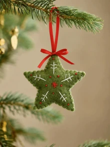 Ornamen Natal dari Kain Felt Bordir Tangan, Bentuk Kepingan Salju Putih, Hati Merah, Pohon Hijau, dan Bintang, Liontin Gantung dari Kain dengan Pita untuk Pohon Natal, Dekorasi Rumah dan Pesta Liburan yang Nyaman dan Bergaya Pedesaan - beraneka warna - View 5