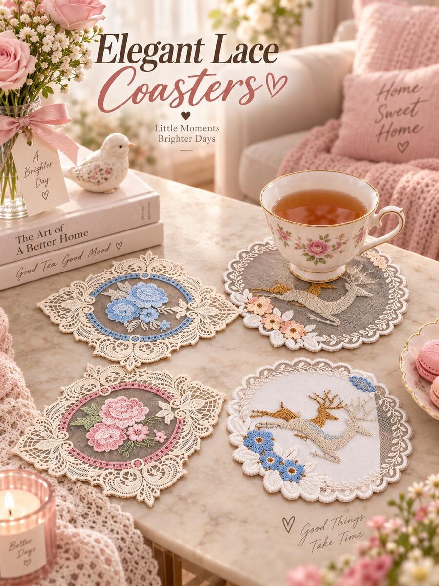 4 buah Tatakan Gelas Renda Vintage, Alas Minuman Motif Bunga & Rusa Bordir, Dekorasi Meja Kopi Teh Rumah yang Elegan dan Romantis - MultiWarna - View 1